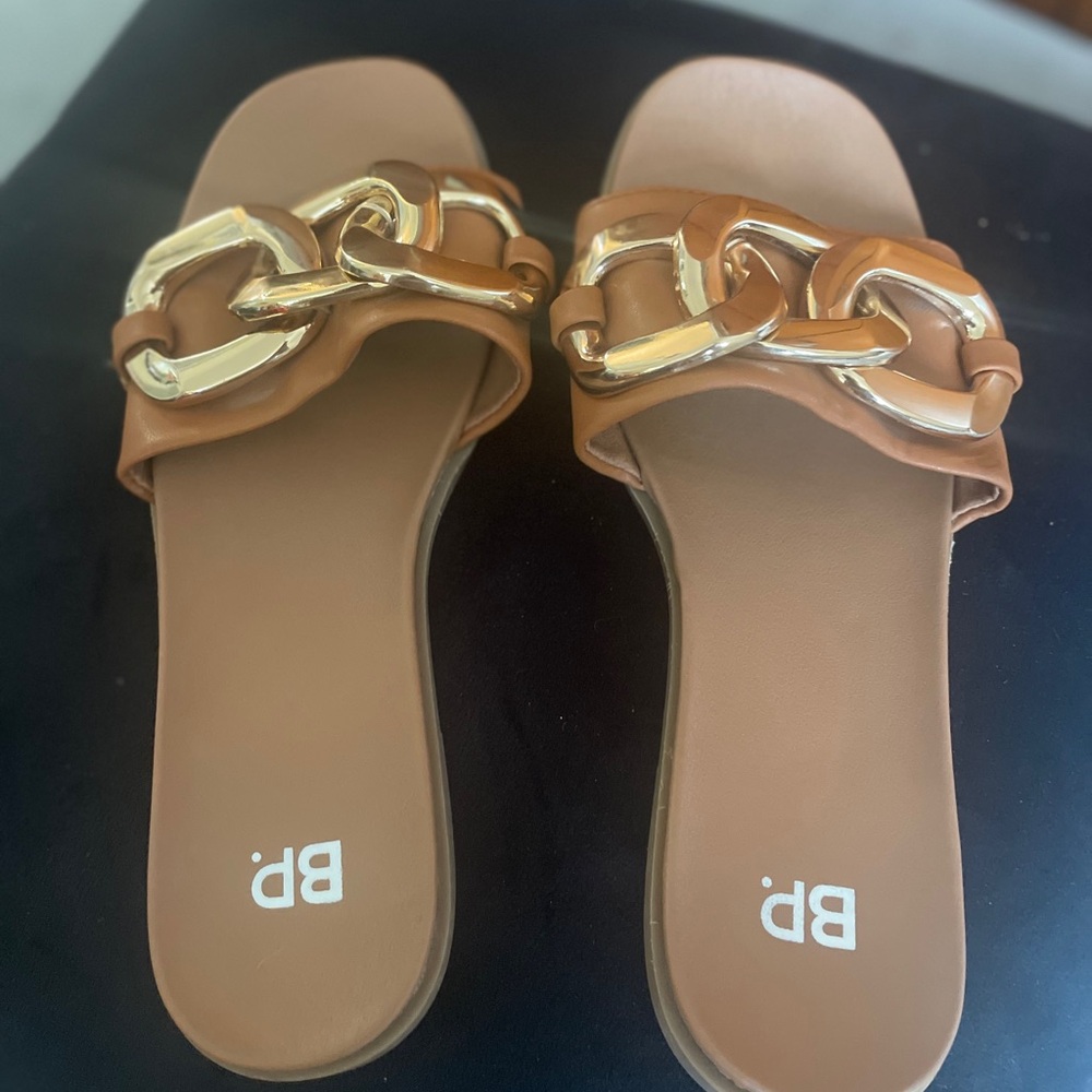 BP Sandal Slides Serafina Gold Chain Link Slip On Tan Excellent Size 6